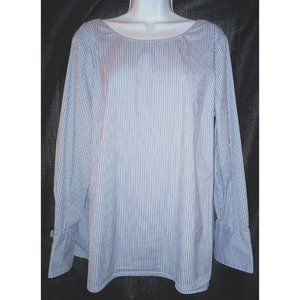 TALBOTS X-Large White w/ Blue Stripes Cotton Stretch Long SL Back Button Blouse